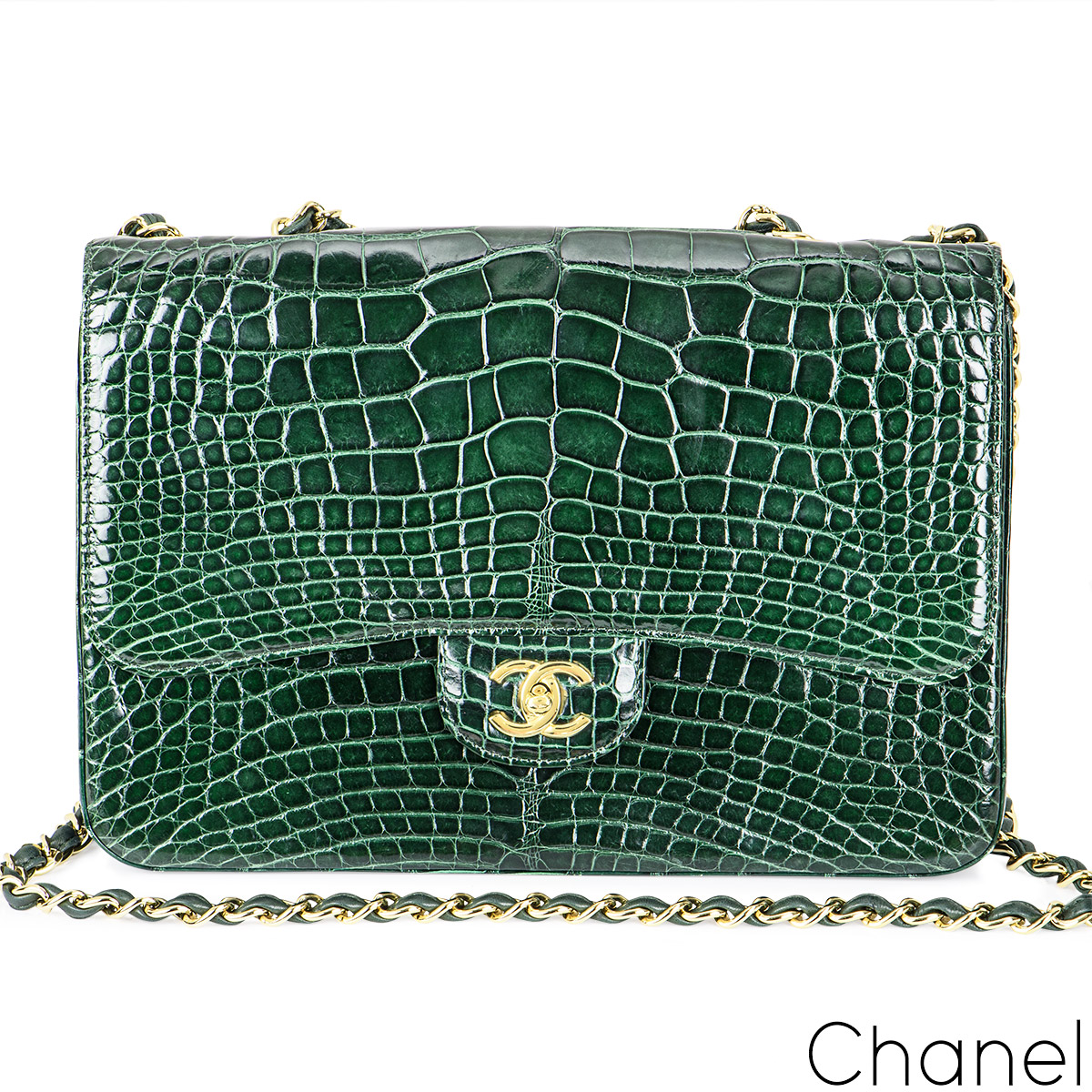 Chanel Vintage Jumbo Single Flap Black Alligator Bag Gold Hardware